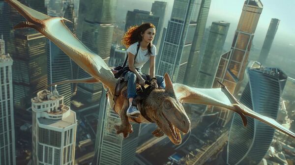 Фантастическая реальность: палеогенетика позволила не только вернуть к жизни гигантов мезозоя, но и одомашнить их. На изображении - девочка на ручном птеродактиле парит над городом, используя летающего ящера как живого и верного "крылатого коня".  - Sputnik Казахстан