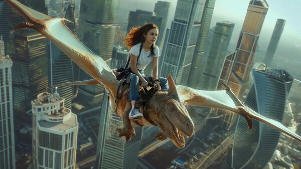 Девочка летит на ручном птеродактиле над Москвой-Сити в представлении художника - Sputnik Казахстан