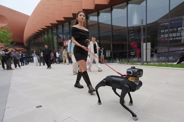 Выставка проходит сразу на двух площадках, общая территория которых достигла рекордных 380 тысяч квадратных метров. На фото: женщина выгуливает роботизированную собаку во время выставки Auto China 2026 в Пекине. - Sputnik Казахстан