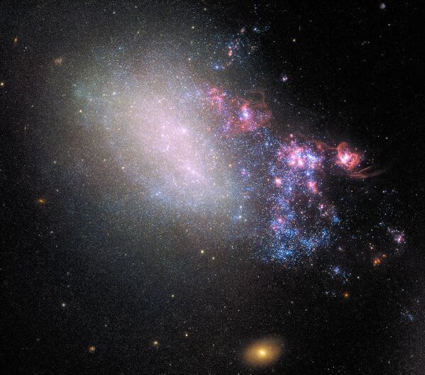 Снимок галактики NGC 4485 в созвездии Гончих Псов, которая сохранила следы столкновения с соседней галактикой миллионы лет назад - Sputnik Казахстан