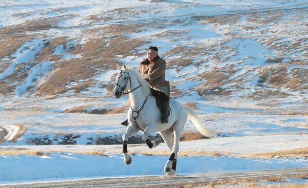 Северокорейский лидер Ким Чен Ын скачет на лошади во время снегопада на горе Паекту - Sputnik Казахстан