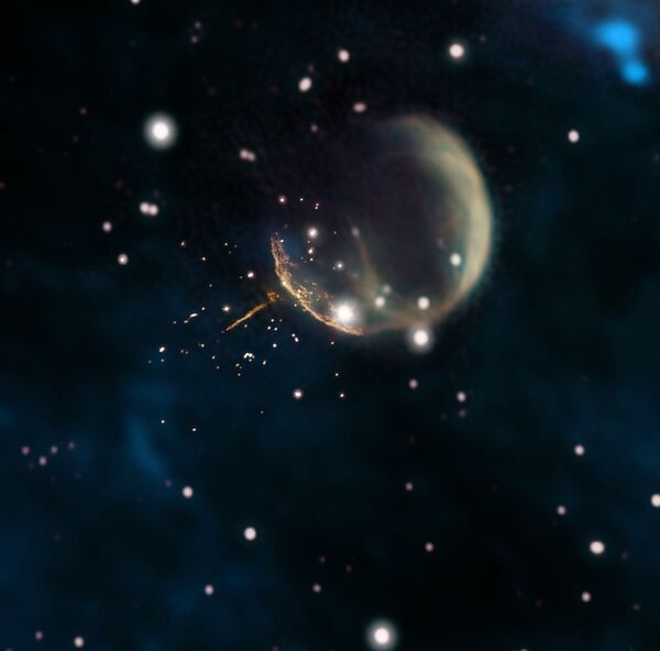 Остаток сверхновой CTB 1, напоминающий пузырь, и прямой, светящийся след от пульсара J0002+6216 - Sputnik Казахстан