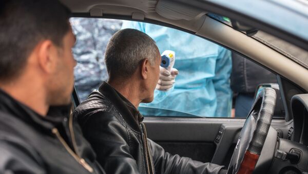 Медицинский работник проверяет температуру у водителя на КПП на выезде из города - Sputnik Казахстан