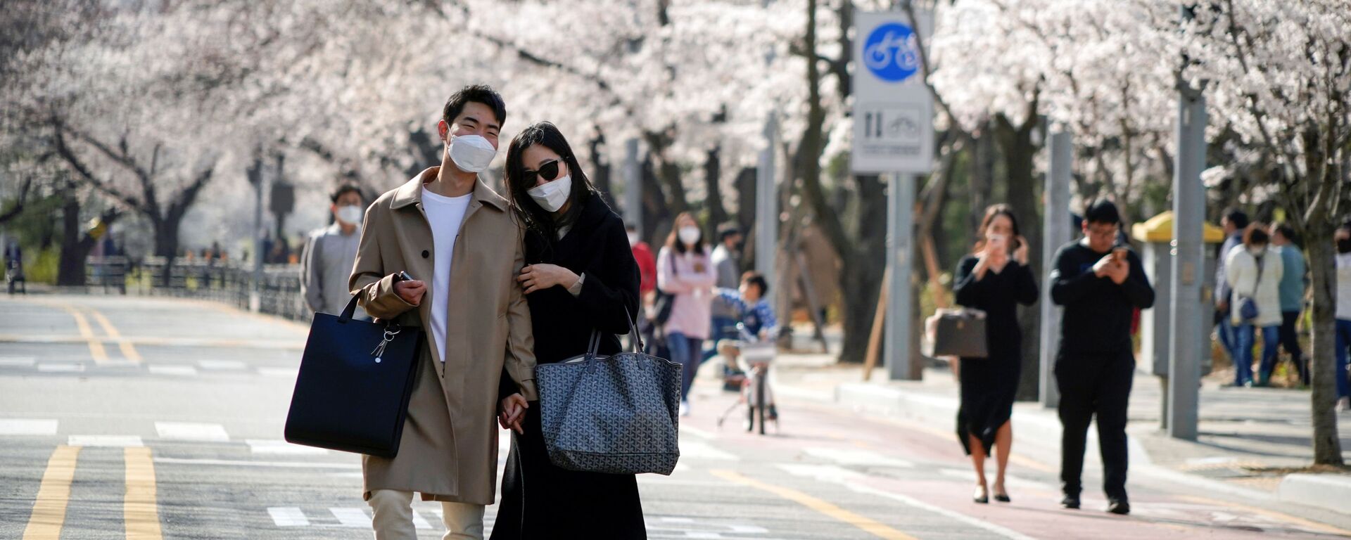 Пара в медицинских масках на фоне цветущей Сакуры на одной из улиц Сеула, Южная Корея - Sputnik Қазақстан, 1920, 06.05.2021
