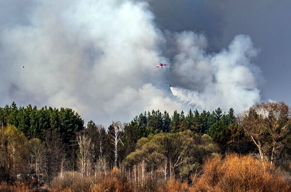 A helicopter of the Ukrainian Emergencies Ministry extinguishes a forest fire burning at a 30-kilometer (19-mile) Chernobyl exclusion zone in Ukraine, not far from the nuclear power plant, on April 12, 2020. - Some 400 firefighters battle a blaze that broke out on April 4, 2020 in the wooded zone around the ruined Chernobyl reactor that exploded in 1986 in the world's worst nuclear accident. 
 - Sputnik Казахстан