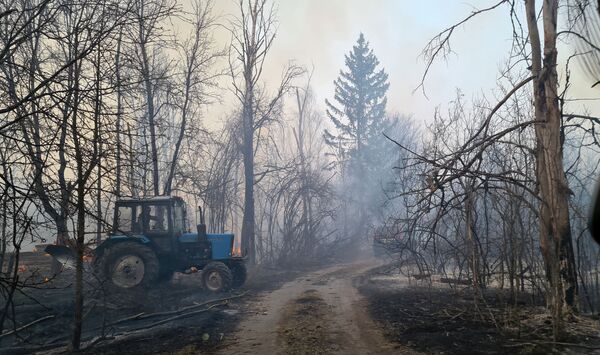 Chernobyl zone workers extinguish a forest fire burning near the village of Volodymyrivka, in the exclusion zone around the Chernobyl nuclear power plant, Ukraine, Sunday April 5, 2020. Ukrainian firefighters are laboring to put out two forest blazes in the area around the Chernobyl nuclear power station that was evacuated because of radioactive contamination after the 1986 explosion at the plant. (AP Photo/Yaroslav Yemelianenko) - Sputnik Казахстан