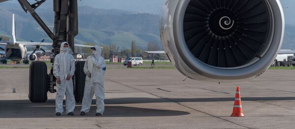 Сотрудники аэропорта Алматы под крылом самолета  - Sputnik Казахстан