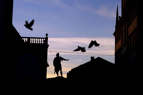 Голуби летают над ратушной площадью незадолго до восхода солнца в Аугсбурге, Германия - Sputnik Казахстан