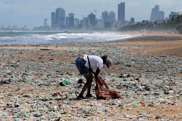 Волонтер собирает мусор на пляже в Коломбо, Шри-Ланка - Sputnik Қазақстан