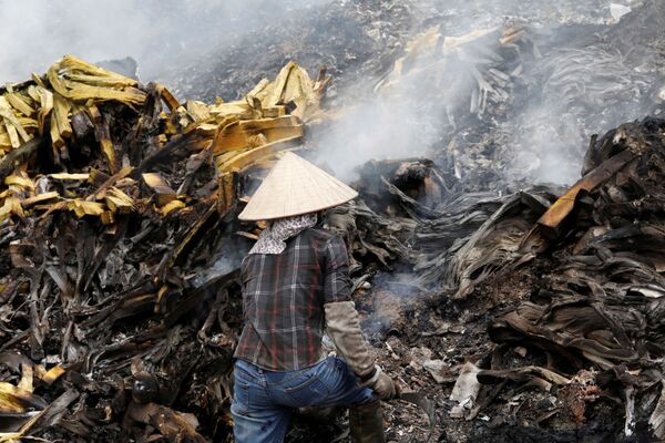 Женщина собирает вторсырье на мусорной свалке возле рисового поля в провинции Виньфук, Вьетнам - Sputnik Қазақстан