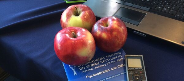 Яблоки раздают журналистам, освещающим сирийские переговоры в Астане - Sputnik Казахстан