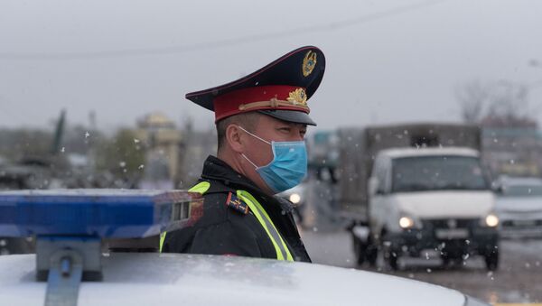 Полицейский в маске на блокпосту в снегопад, архивное фото - Sputnik Қазақстан