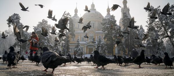Виды Алматы, женщина кормит голубей - Sputnik Казахстан