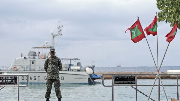 Военный стоит на причале рядом с флагом Мальдив, архивное фото - Sputnik Казахстан