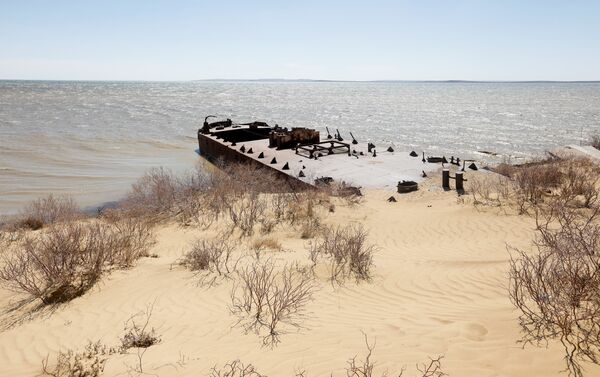 Заброшенное судно лежит между береговой линией Аральского моря и песчаными дюнами, архивное фото - Sputnik Казахстан