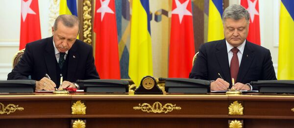 Президент Турции Реджеп Тайип Эрдоган (слева) и президент Украины Петр Порошенко во время встречи в Киеве - Sputnik Казахстан