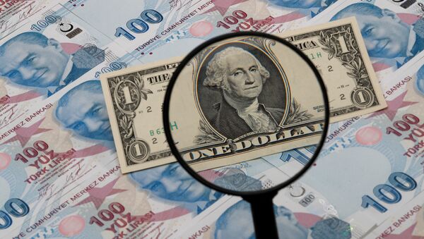 Банкнота доллара США просматривается через увеличительную линзу поверх 100 турецких лир, иллюстративное фото - Sputnik Казахстан