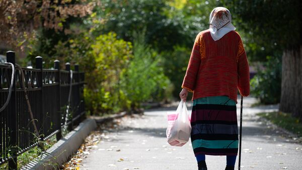 Пожилая женщина несет в пакете продукты  - Sputnik Қазақстан