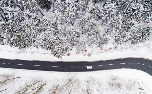 Аэросъемка дороги в зимнем лесу Рудных гор на востоке Германии - Sputnik Казахстан