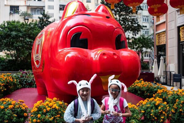 Дети напротив инсталляции свиньи до начала празднования китайского Нового года в Гонконге  - Sputnik Казахстан